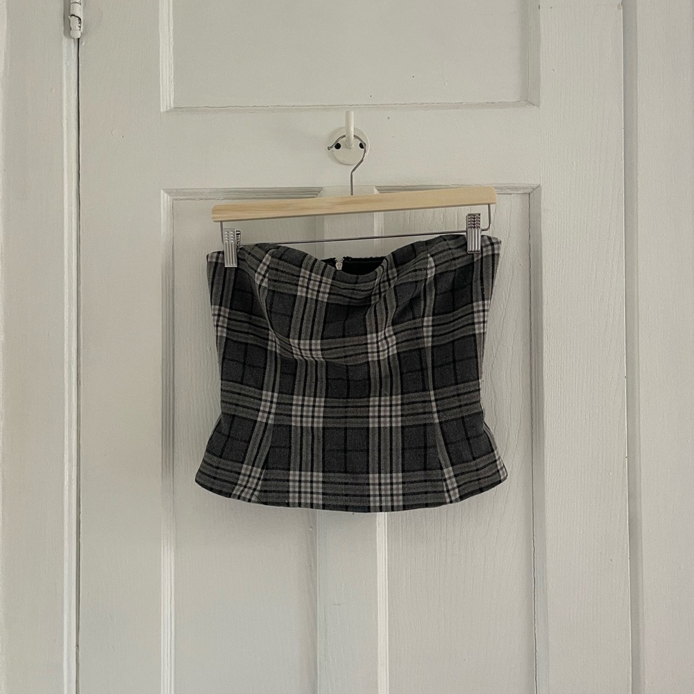 Simon’s Icône grey plaid corset top